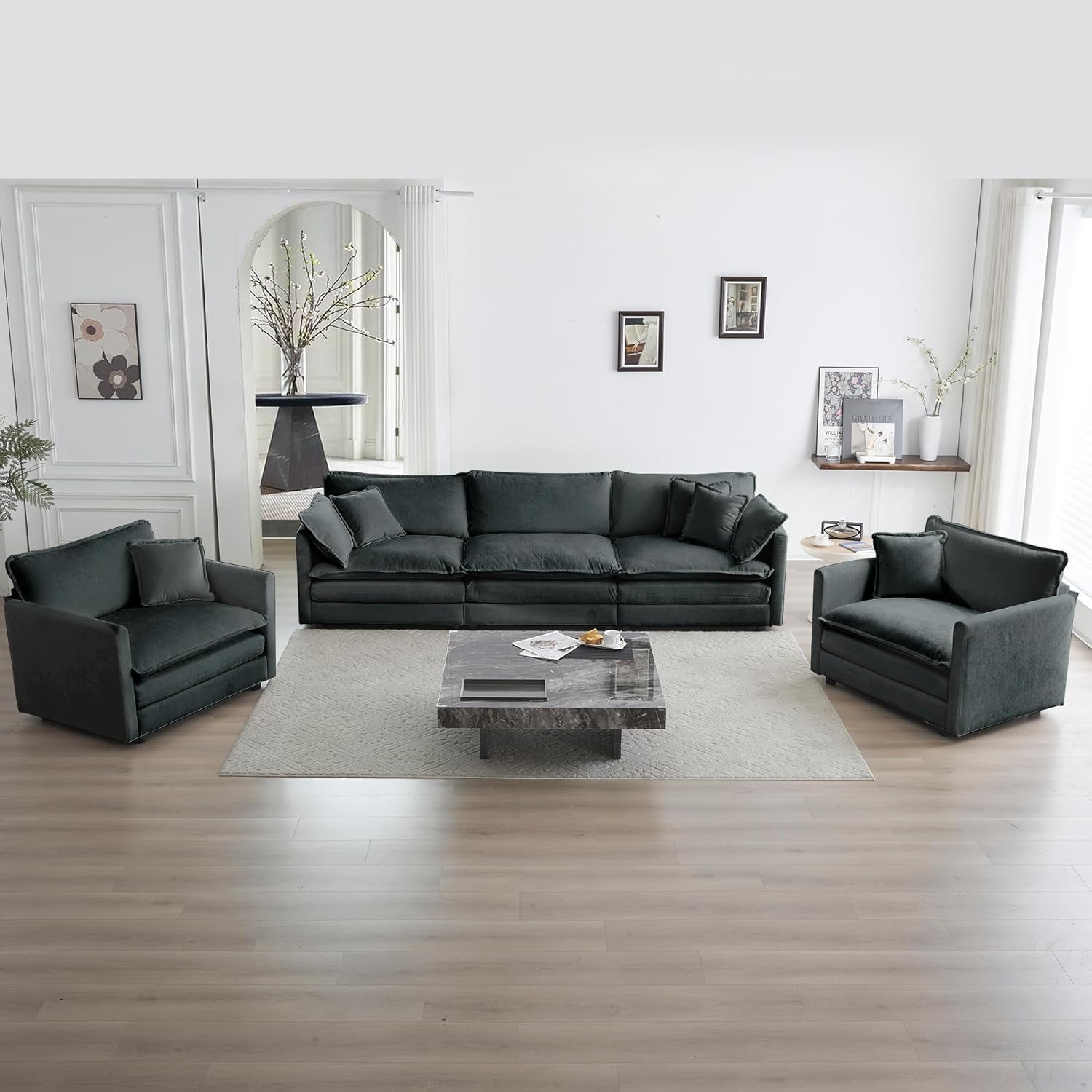 Modern living room with gray sectional sofa and coffee table.