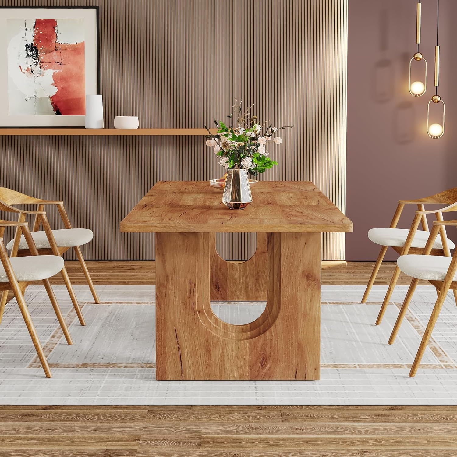 Wooden dining table with chairs in a modern room setting