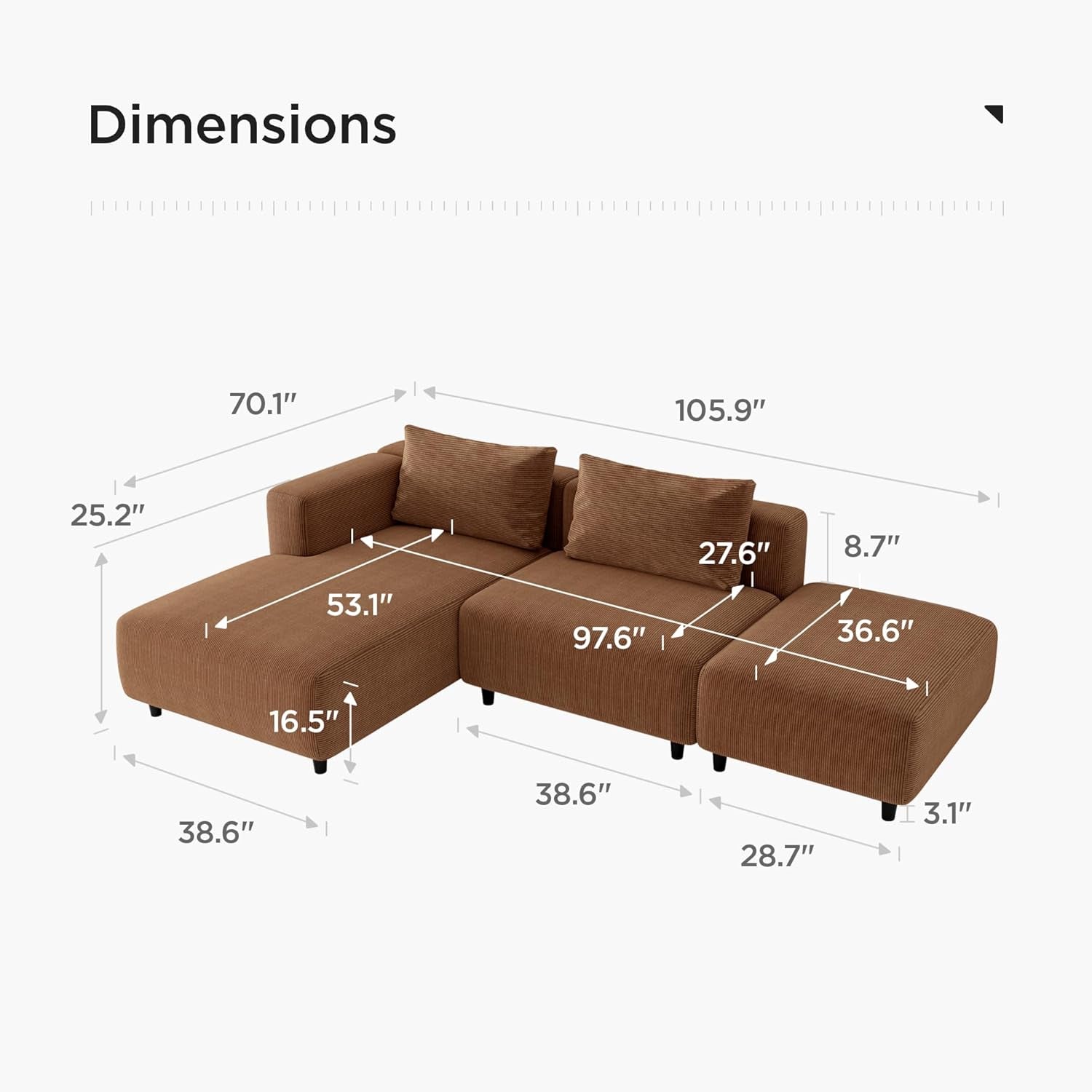 Brown sectional sofa with dimensions labeled on a white background