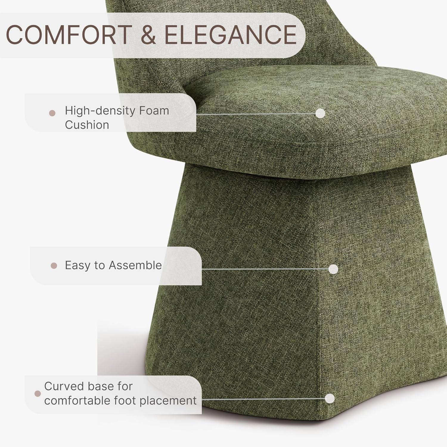 Green chair with text highlighting comfort and elegance features on a white background