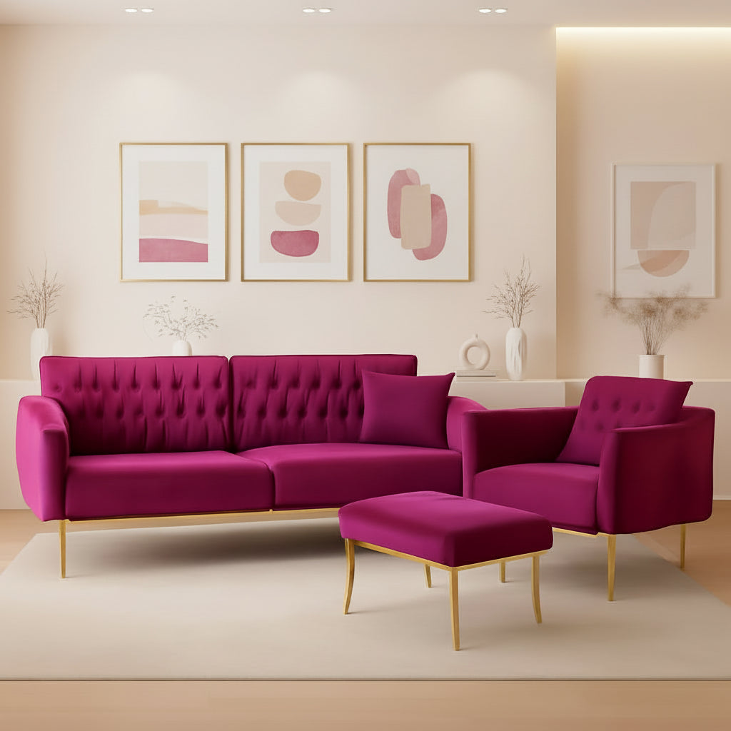 Velvet Futon Sofa Set Adjustable Backrests And Armrests 70 Inch Convertible Sofa Bed And Tufted Accent Chair Fuchsia-0
