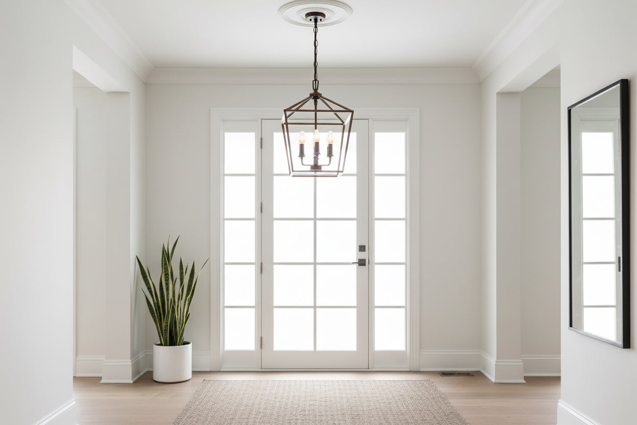 Decorative pendant light with three bulbs hanging against a warm-toned wall.