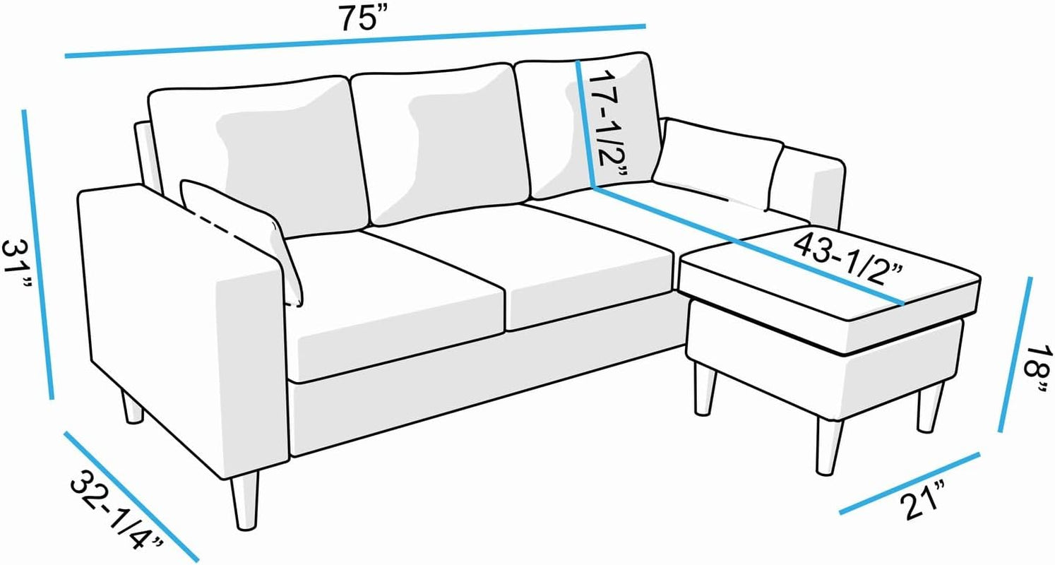 Diagram of a sectional sofa with dimensions labeled