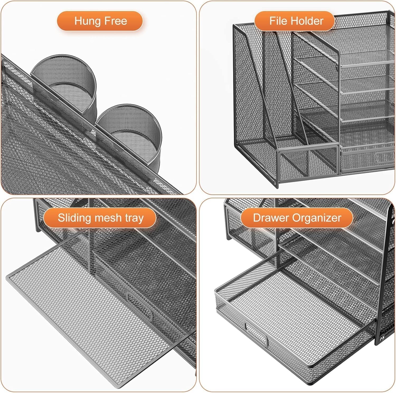 Grey 5-Tier Mesh Desk Organizer with Drawer