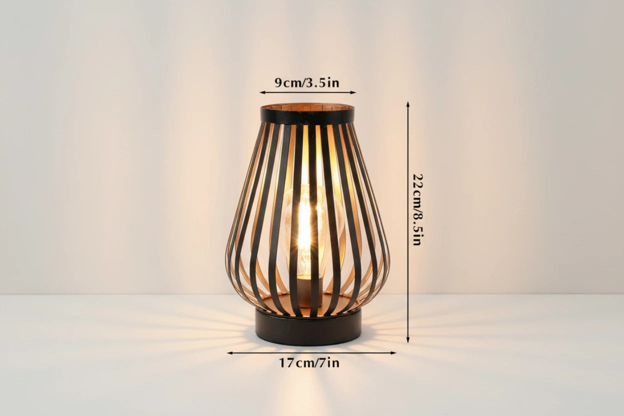 Decorative lamp with black and gold striped design, showing dimensions on a white background.