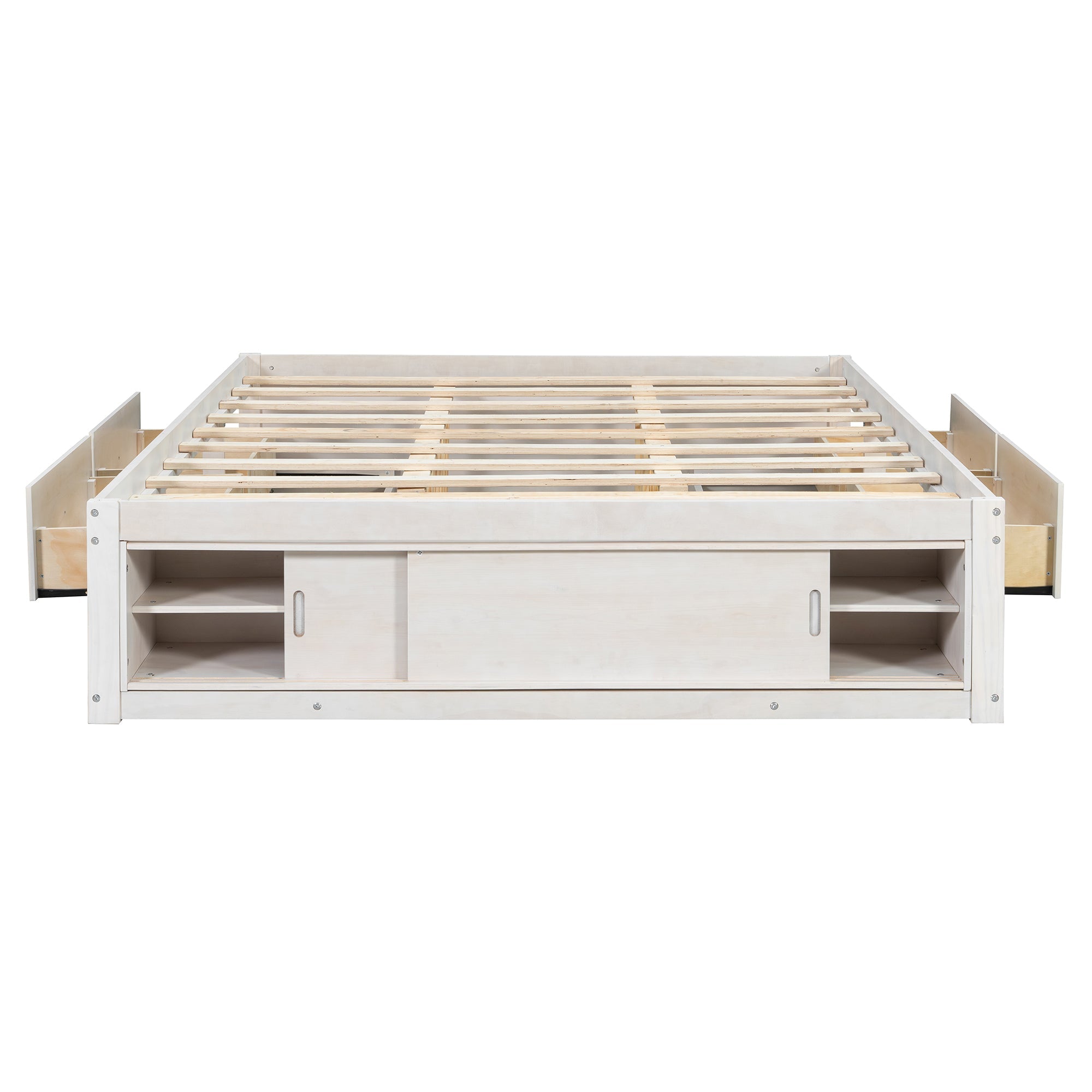 Platform Bed Frame with 4 Storage Drawers and Footboard Storage Cubby,