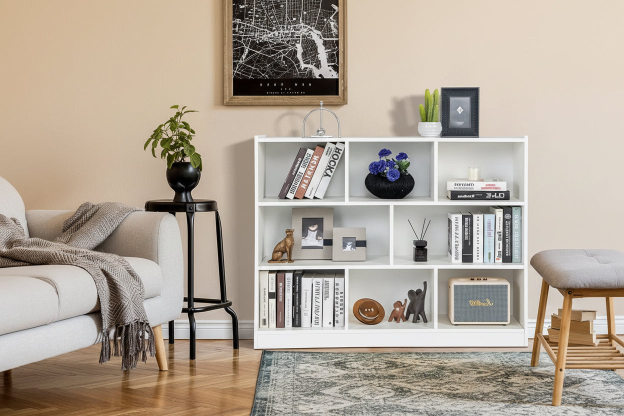 Living room with a white bookshelf, sofa, and decor items, featuring text on raised edges, tight connection, and non-slip mats.