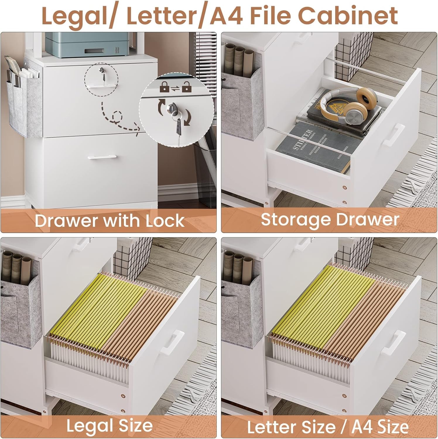 2 Drawer File Cabinet, Filing Cabinet with Lock Fits Letter, Legal, A4 Size, File Cabinets for Home Office with Storage Bag