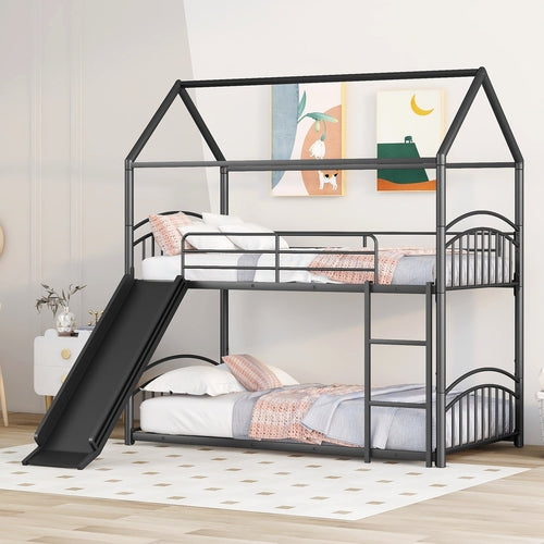Twin Over Twin Metal Bunk Bed With Slide, Kids House Bed