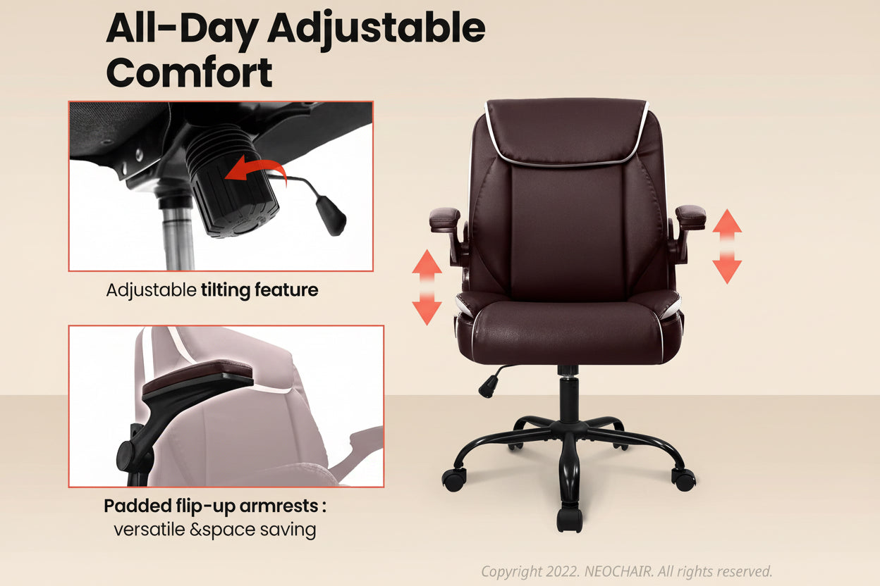 Brown office chair with adjustable features on a white background