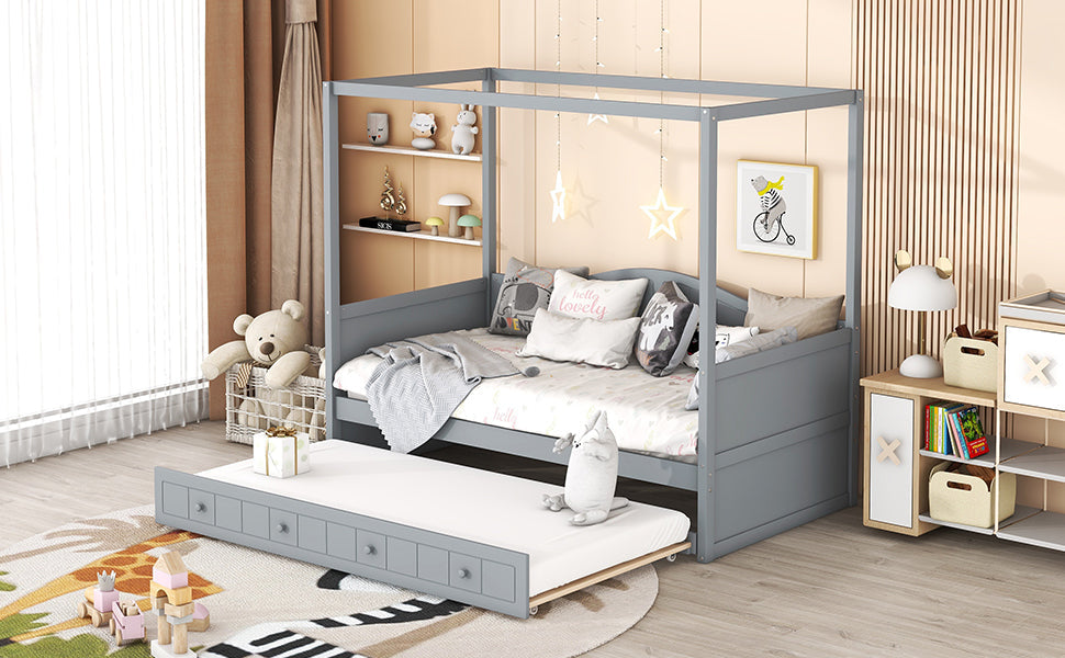 Twin Size Canopy Day Bed with Twin Size Trundle and Underbed Storage