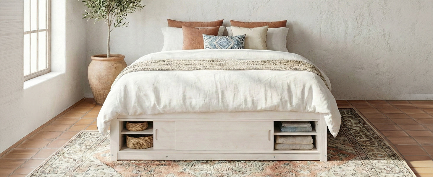 Platform Bed Frame with 4 Storage Drawers and Footboard Storage Cubby,