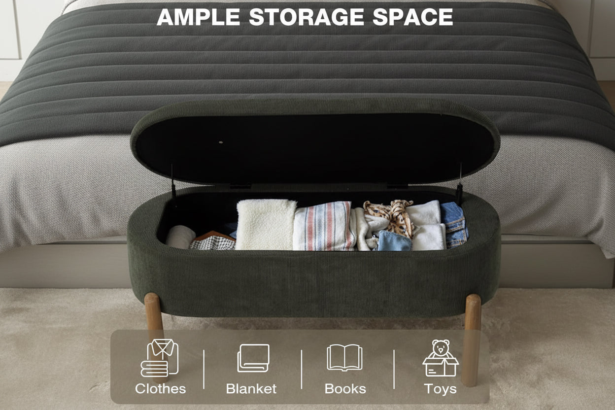 Person organizing items in a large inflatable storage bag with text 'AMPLE STORAGE SPACE' above.