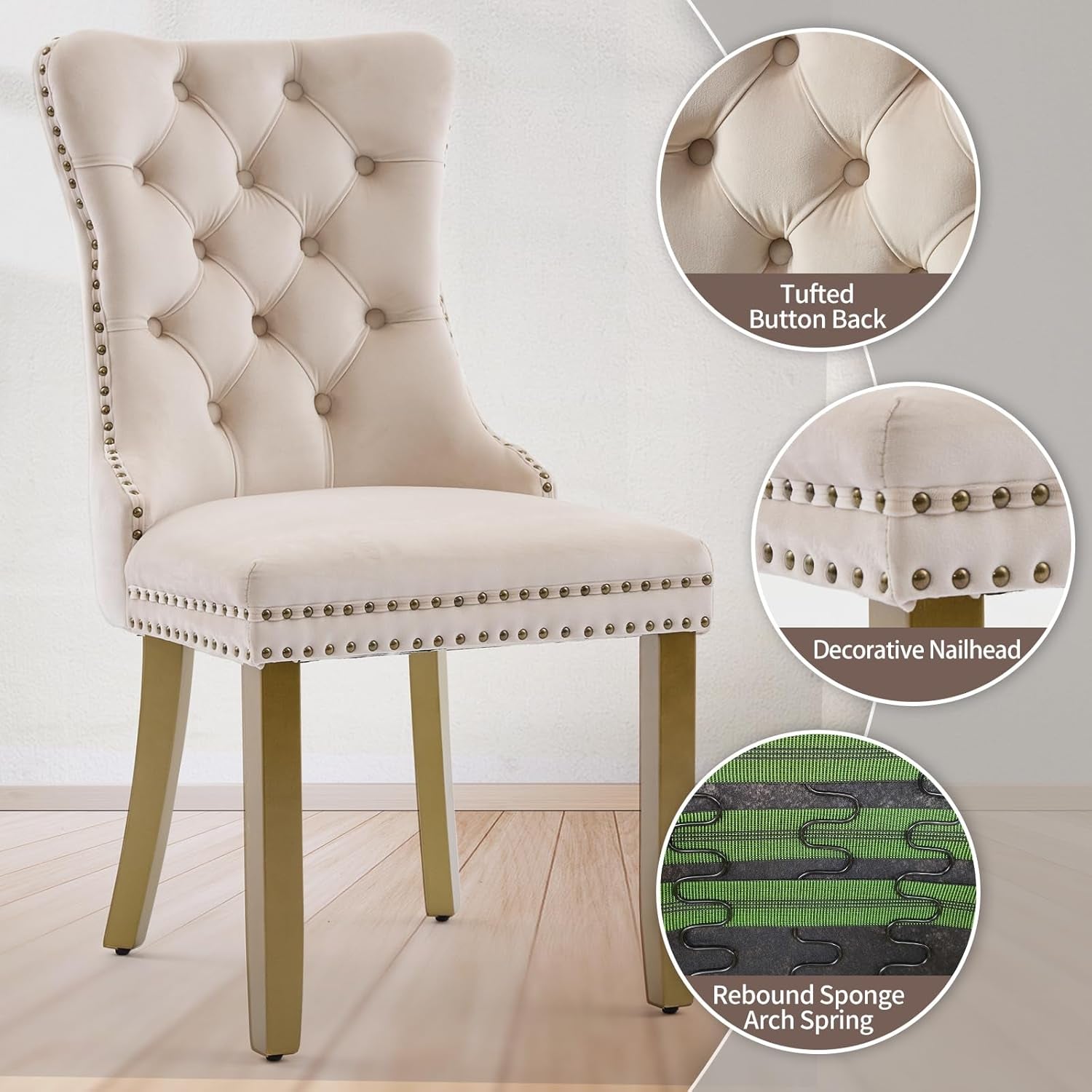Beige upholstered chair with tufted button back and decorative nailhead details, on a light wooden floor.