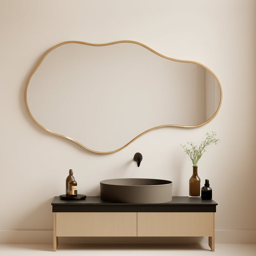 Bathroom vanity with a large mirror on an orange wall
