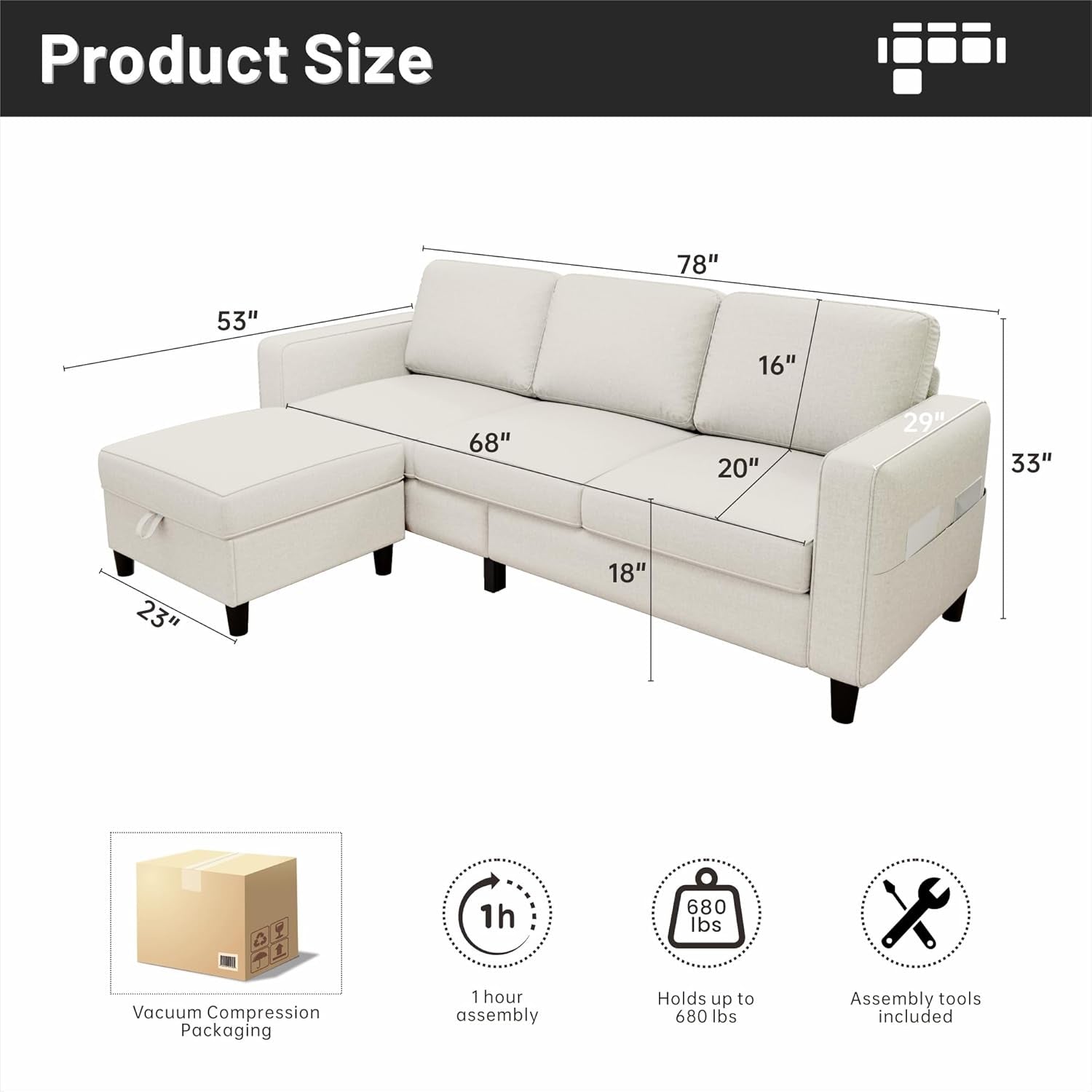 Beige sectional sofa with dimensions and assembly information on a white background