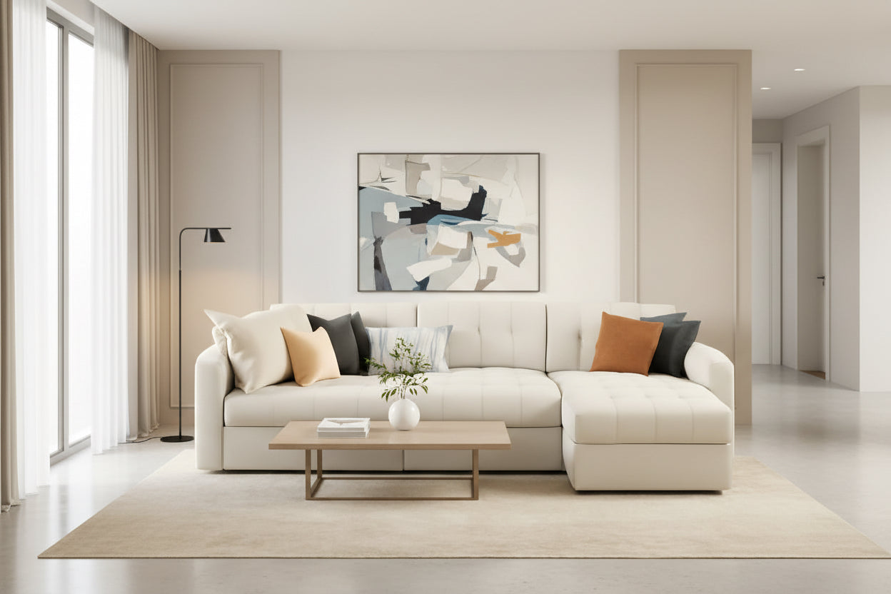 Beige U Shaped Sleeper Sofa Bed with Storage-0