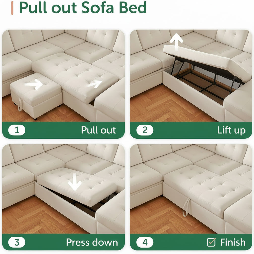 Beige U Shaped Sleeper Sofa Bed with Storage-3