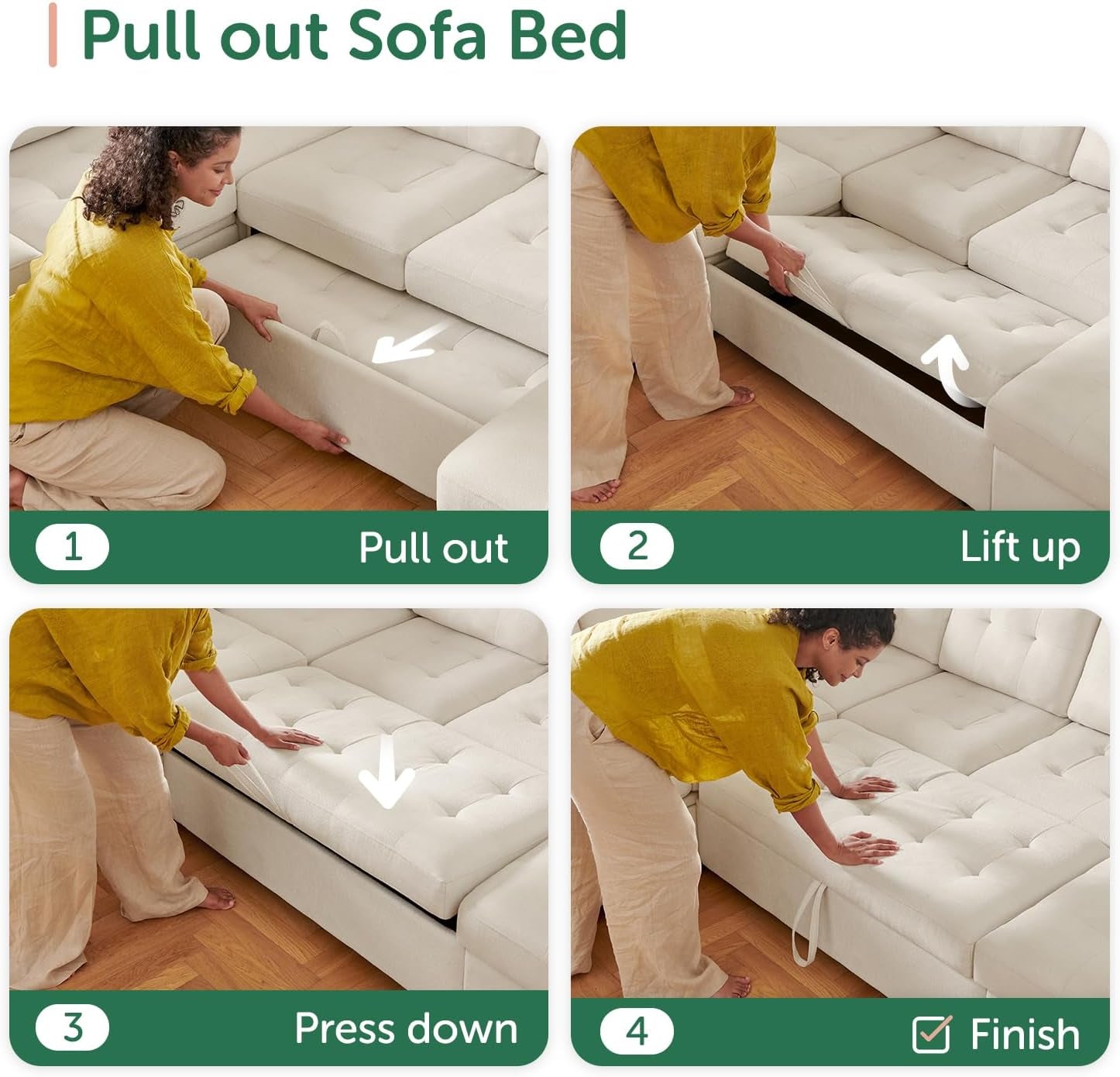 Beige U Shaped Sleeper Sofa Bed with Storage-3