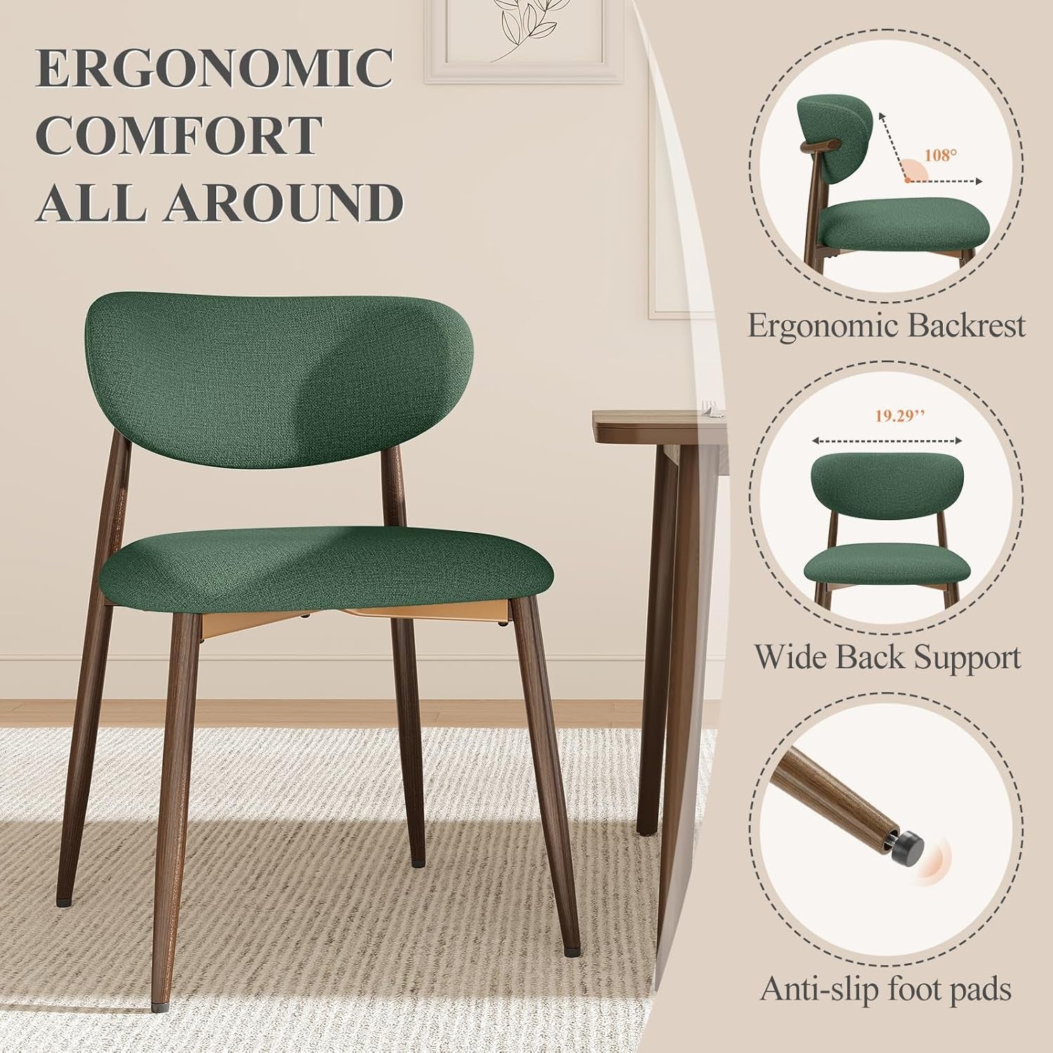 Green chair with ergonomic features highlighted on a neutral background