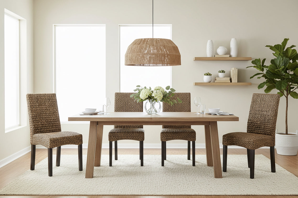 Two woven chairs with black legs on a white background