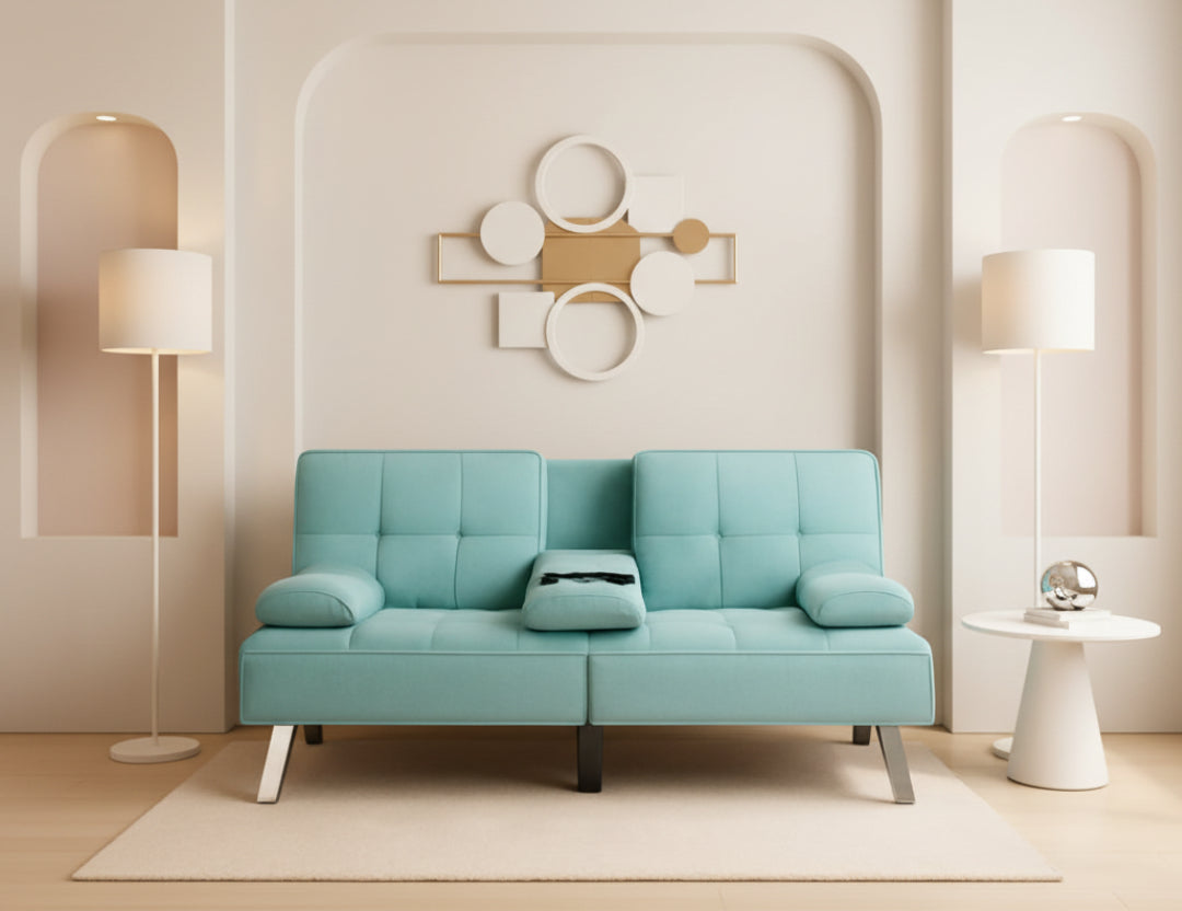 Linen Folding Futon Sofa Bed Aqua With Removable Armrests-0