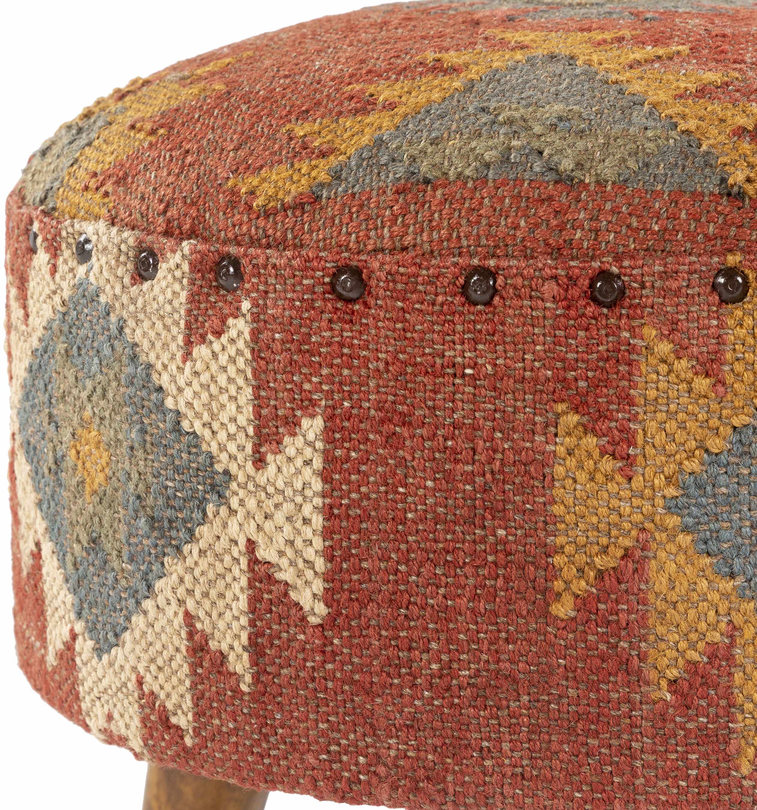 Round woven ottoman with geometric pattern on a white background