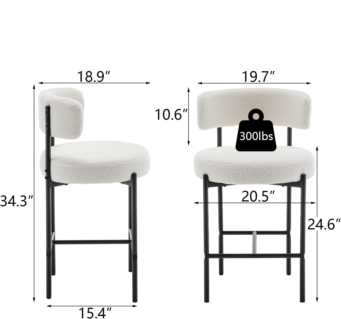 Dimensions of a white bar stool with black legs and a weight capacity label on a white background.