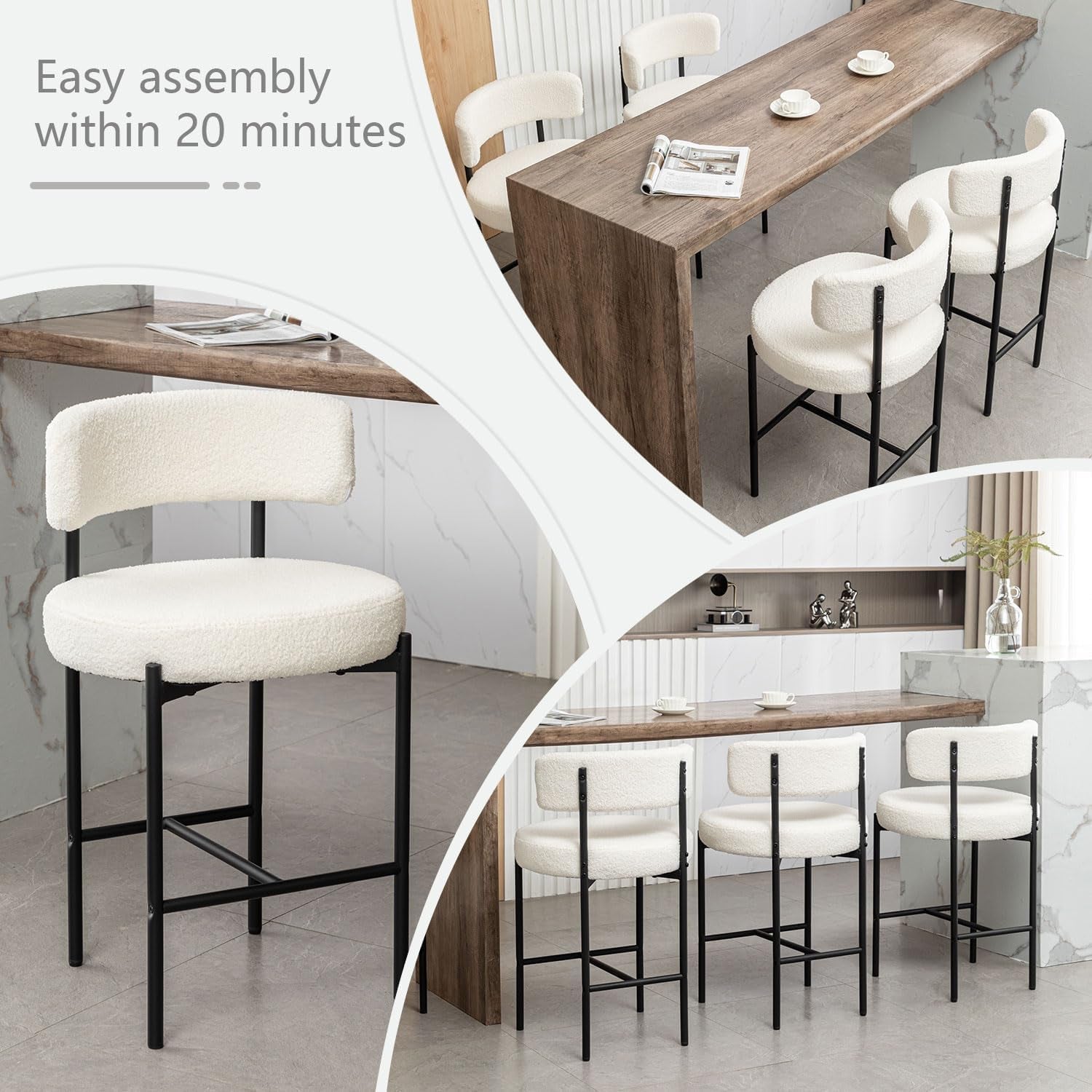 Collage of bar stools with white cushioned seats and black metal frames in a modern kitchen setting.