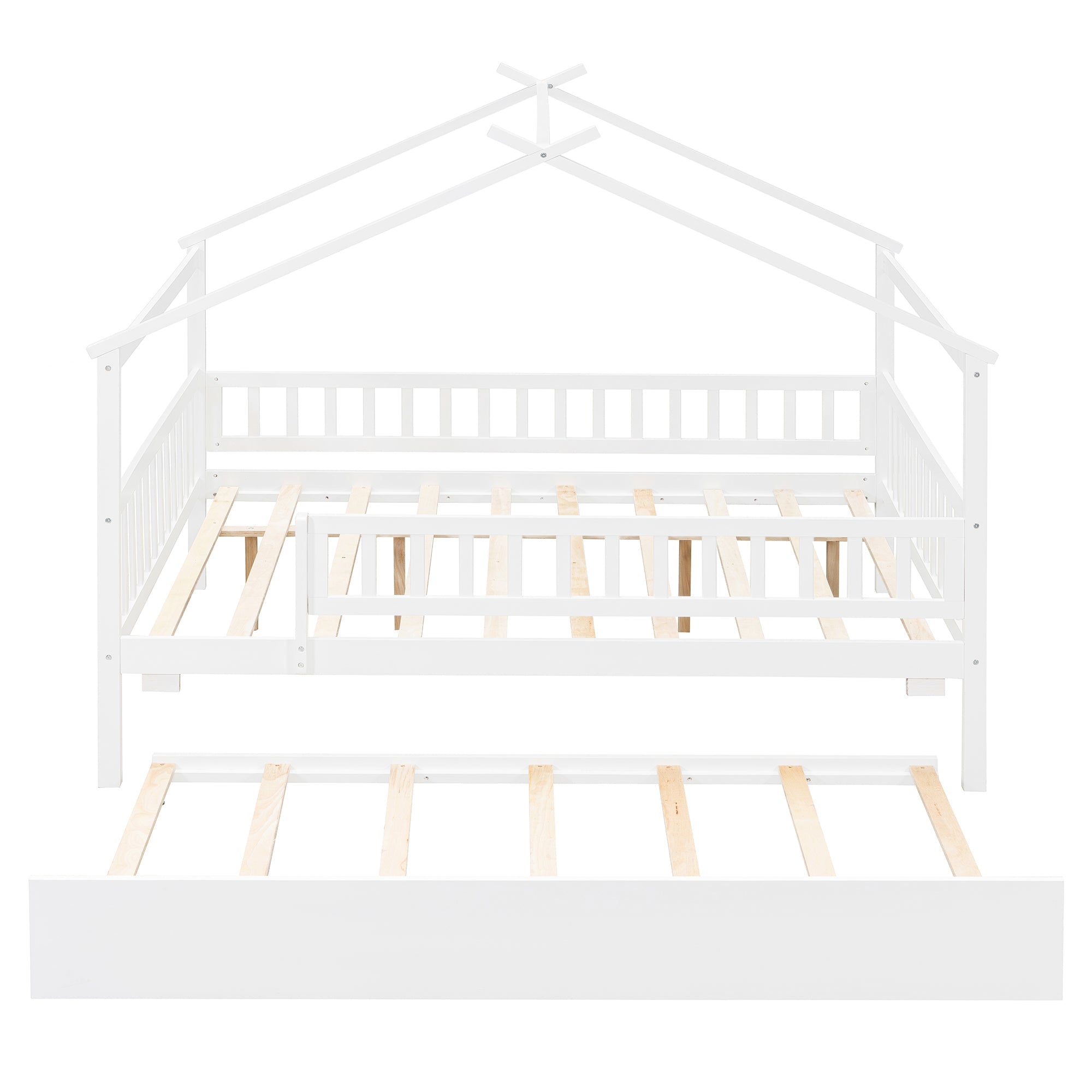 Full Size Wooden House Bed with Twin Size Trundle