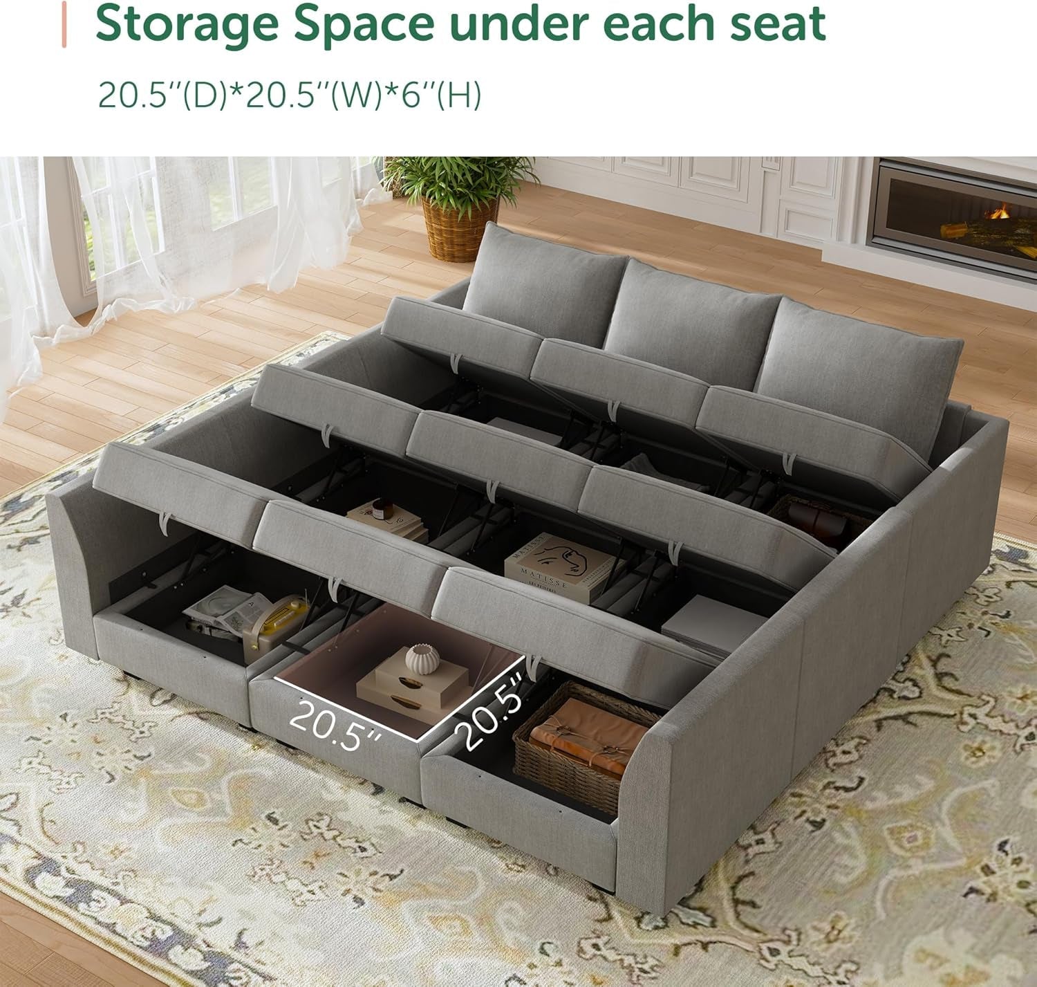 Gray sectional sofa with storage space under each seat in a living room setting.