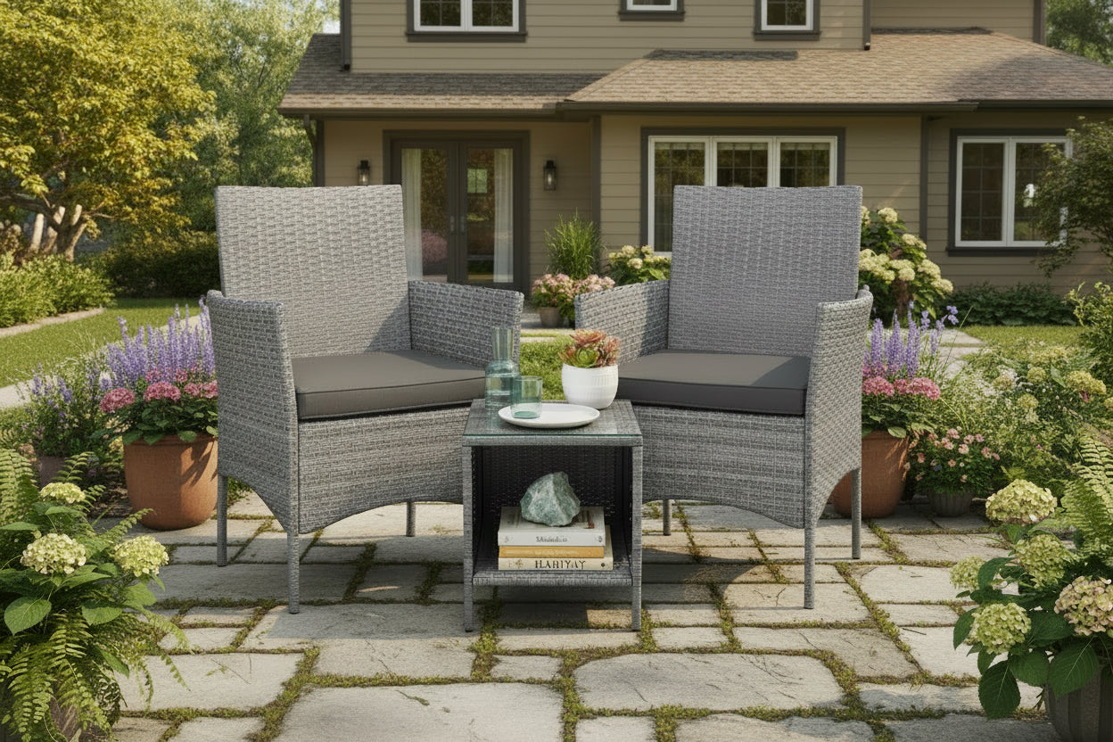 Two gray wicker chairs with cushions and a matching table on a white background