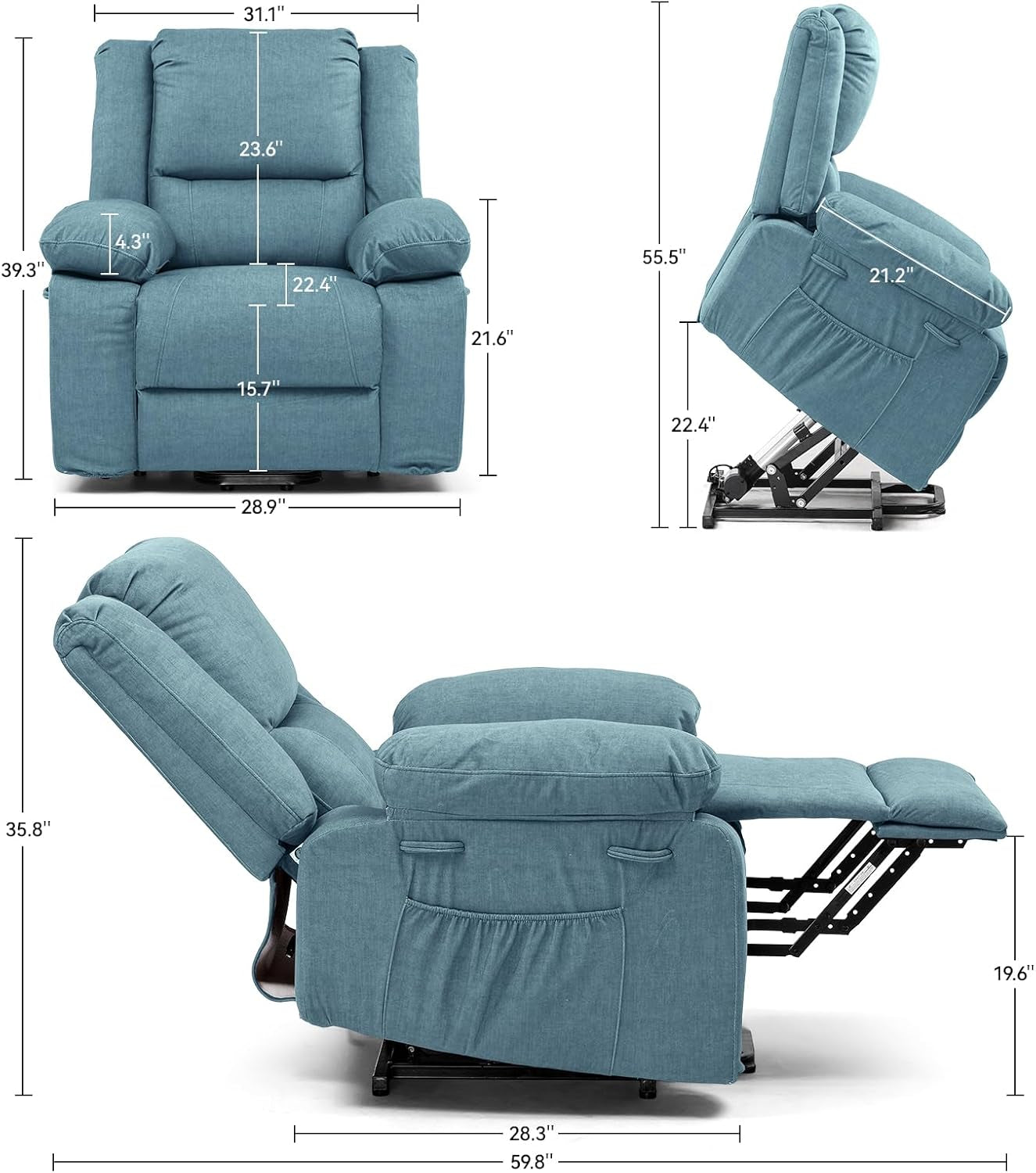 Electric Power Lift Chairs Recliners for Elderly,Recliner Chair with Massage and Heat,2 Side Pockets, Fabric(Blue)-2