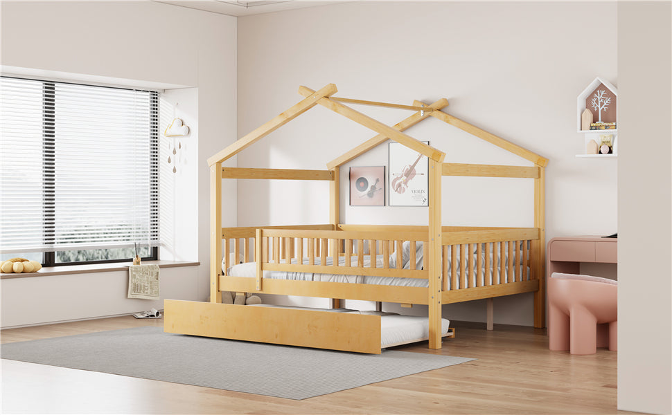 Full Size Wooden House Bed with Twin Size Trundle