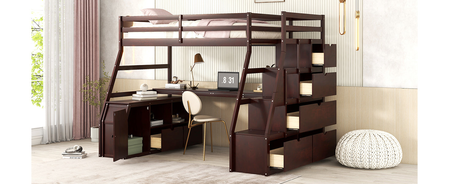 Twin Size Loft Bed with 7 Drawers 2 Shelves and Desk