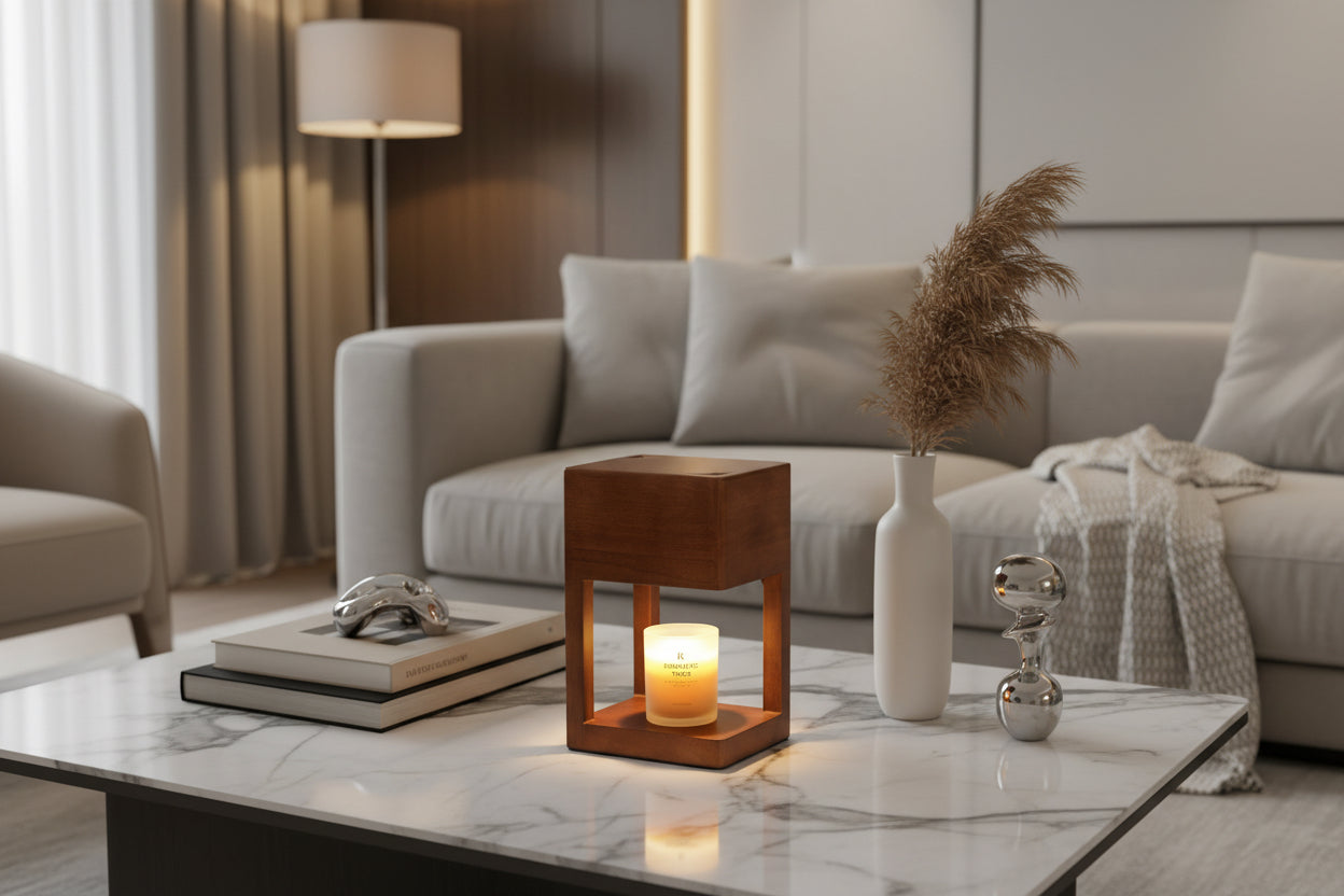 Woman practicing yoga with a candle on a wooden table, text 'Warm Light and Aromatic Essence' above.