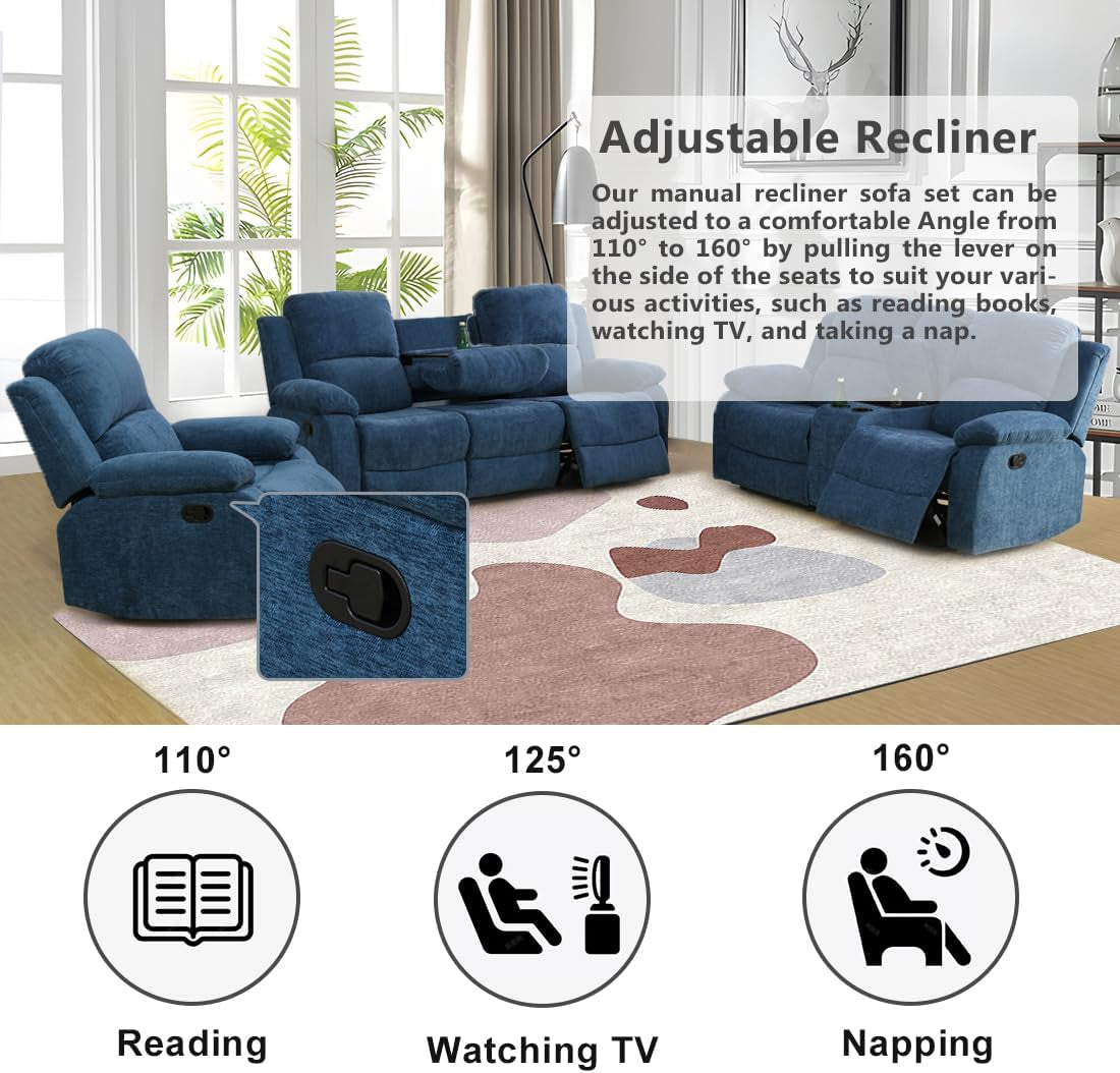 Blue recliner sofa set with adjustable angles for reading, watching TV, and napping in a living room setting.