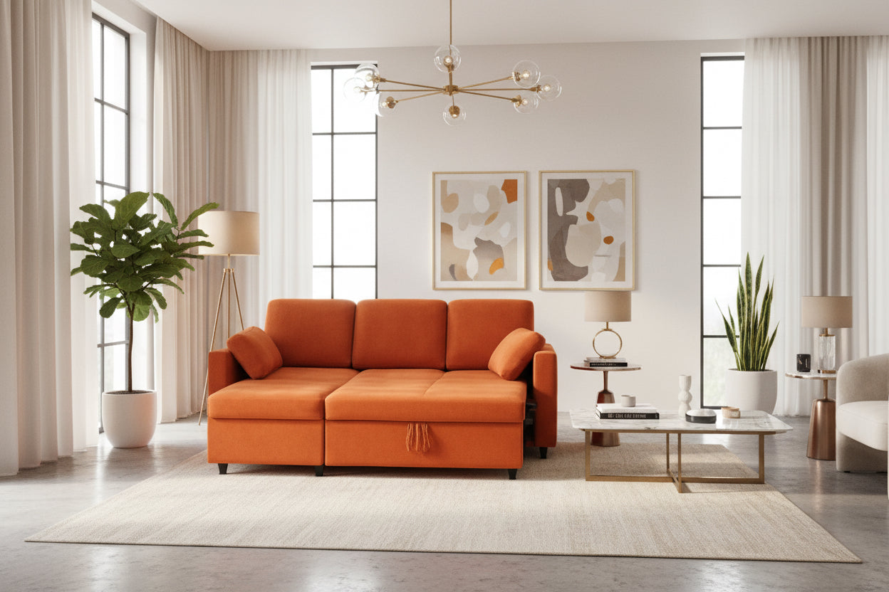 84Inches BrightOrange Chenille Pullout Sofa Bed USBPort-0