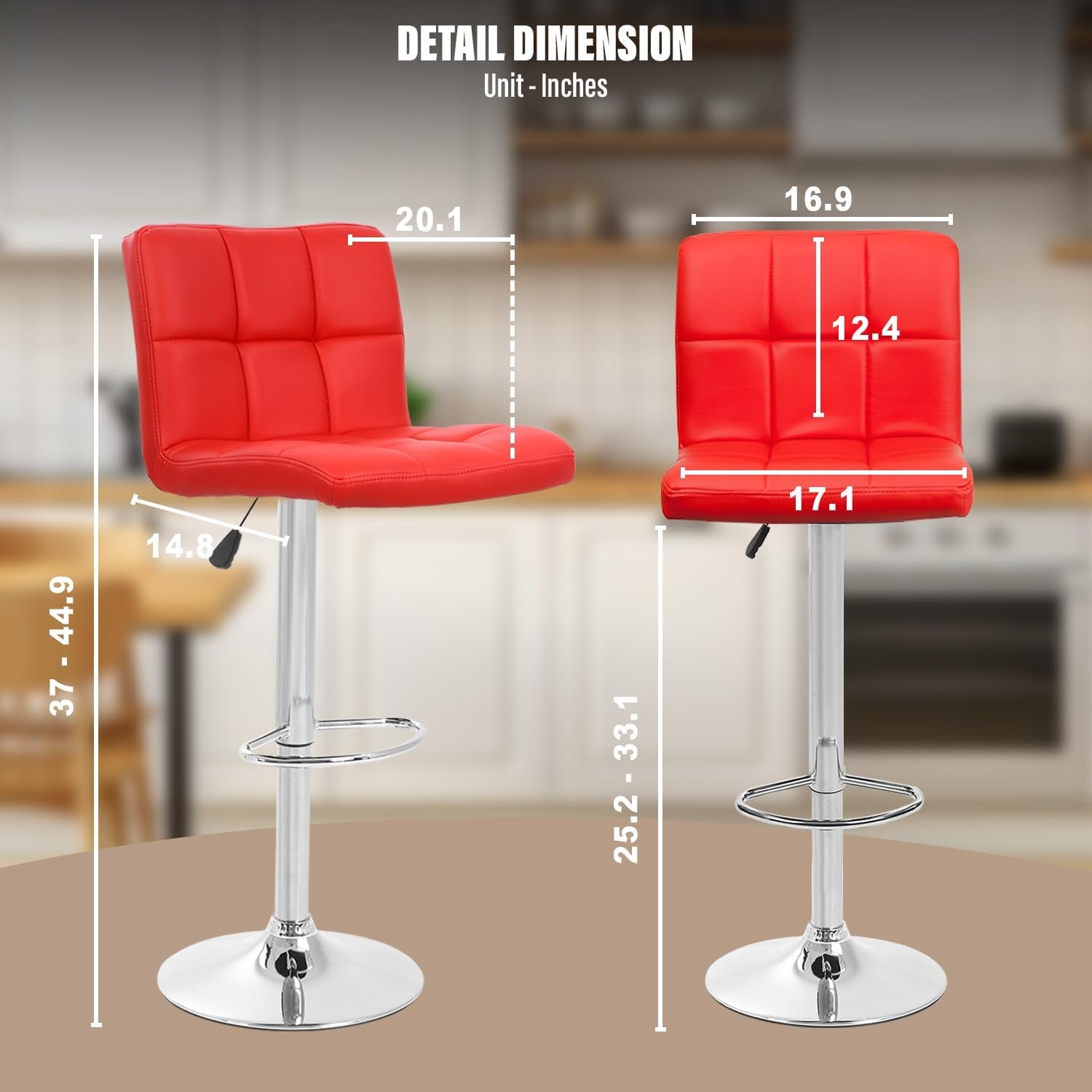 Red bar stools with measurements on a blurred kitchen background