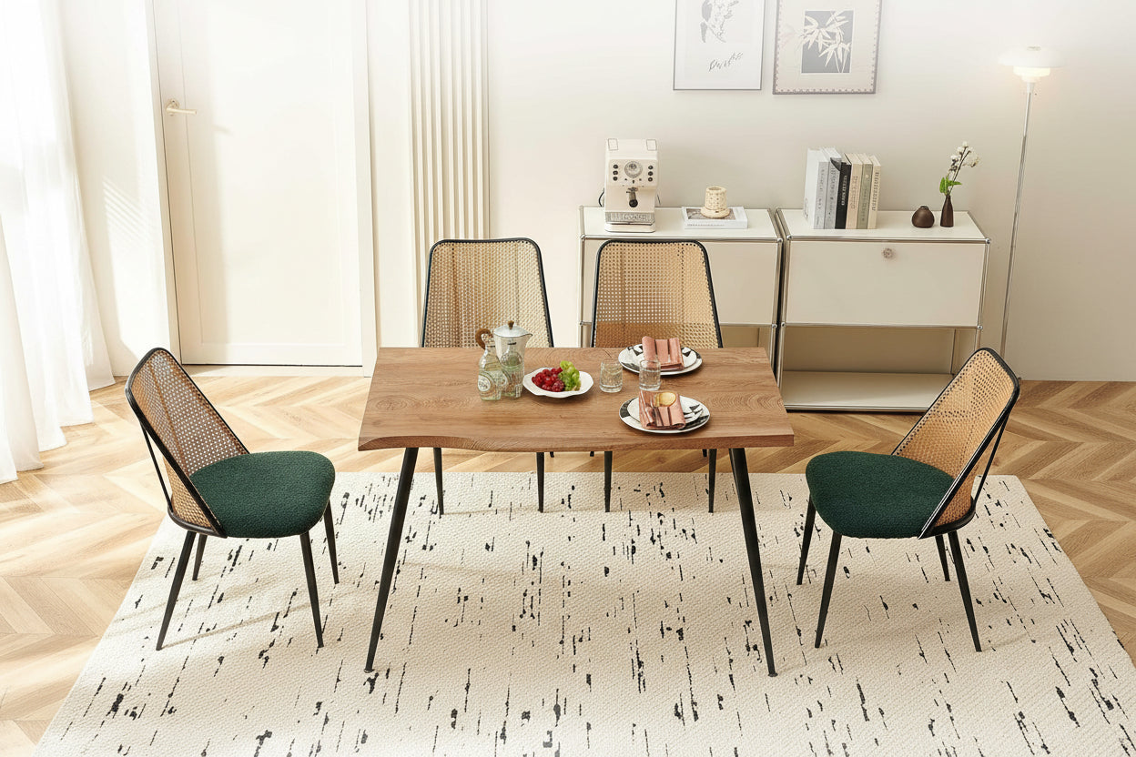 Dining table set with chairs and features highlighted on a white background