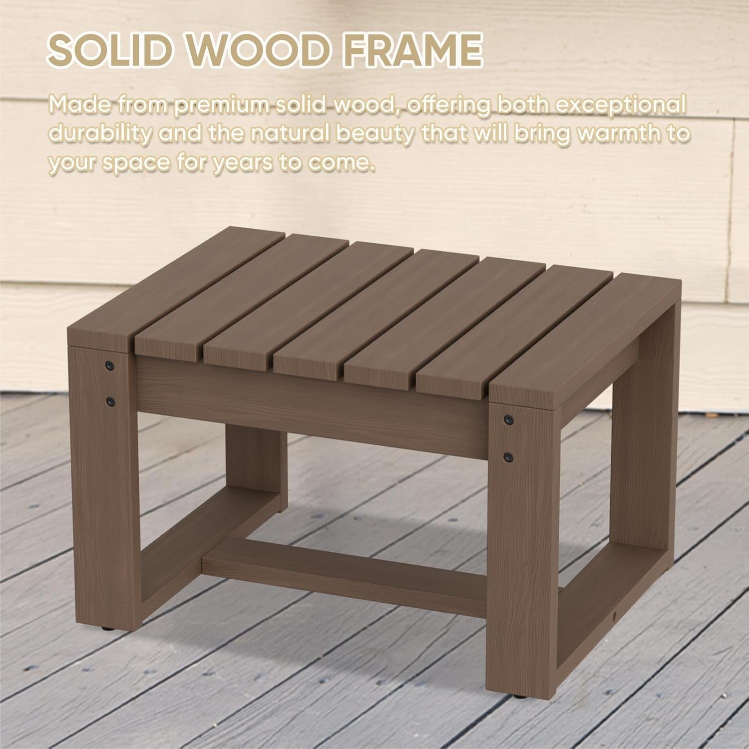 Wooden table on a wooden deck with text about solid wood frame durability.