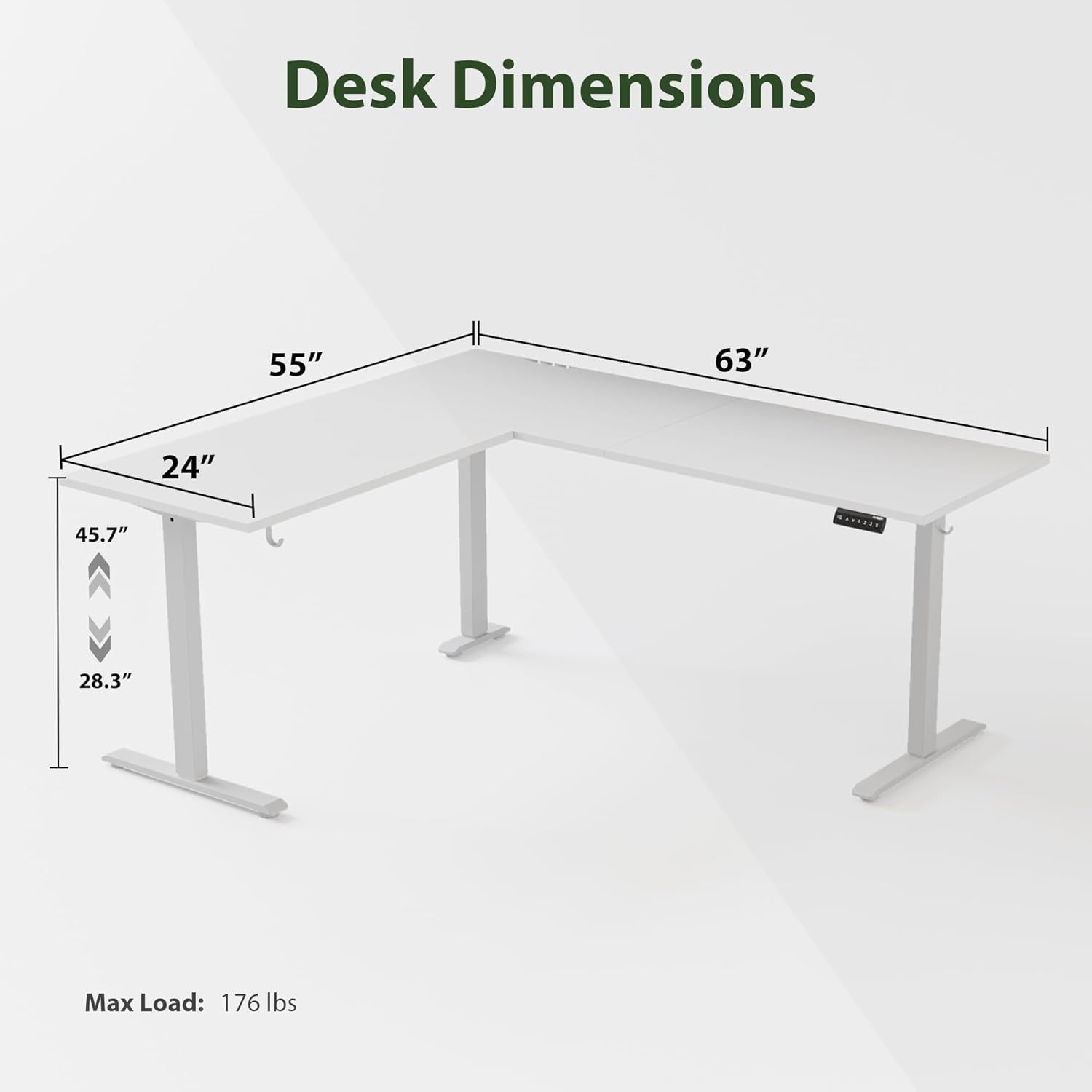 L-shaped desk with dimensions labeled on a white background