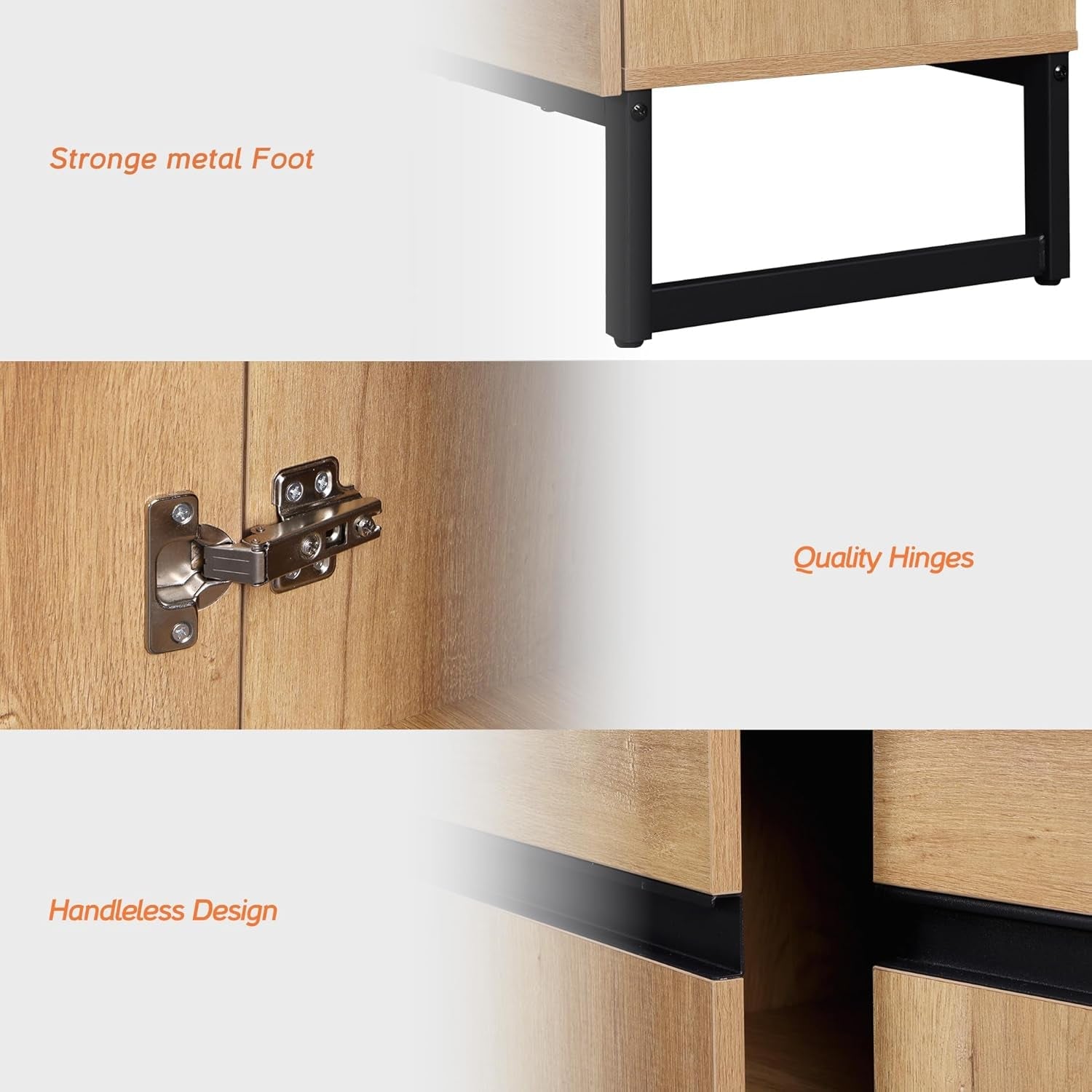 Wooden furniture with strong metal foot, quality hinges, and handleless design on a white background.