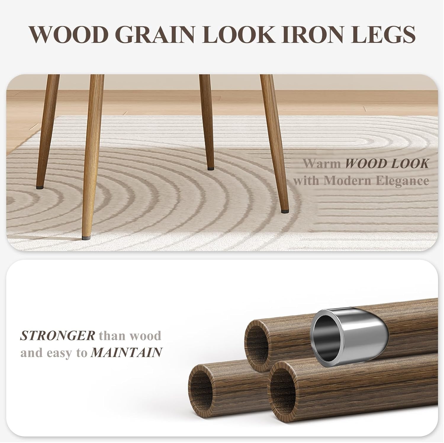 Wood grain look iron legs with text highlighting their features.
