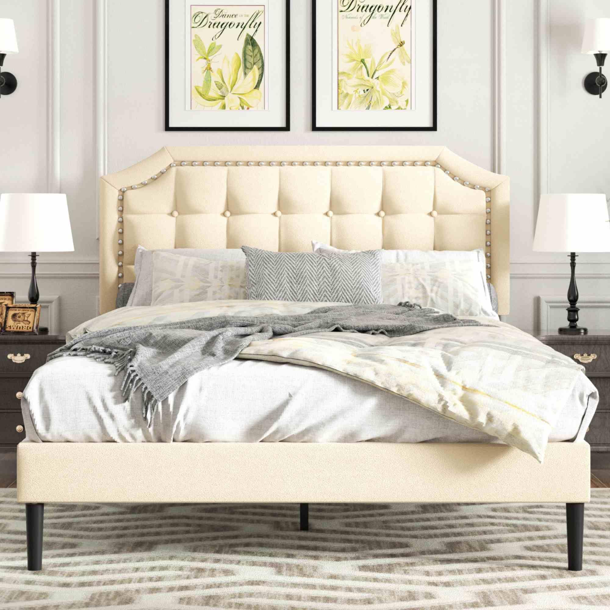 CXVX Full Size Platform Bed Frame with Headboard Button Tufted & Rivet Design No Box Spring Needed Easy Assembly No Noise Beige Velvet