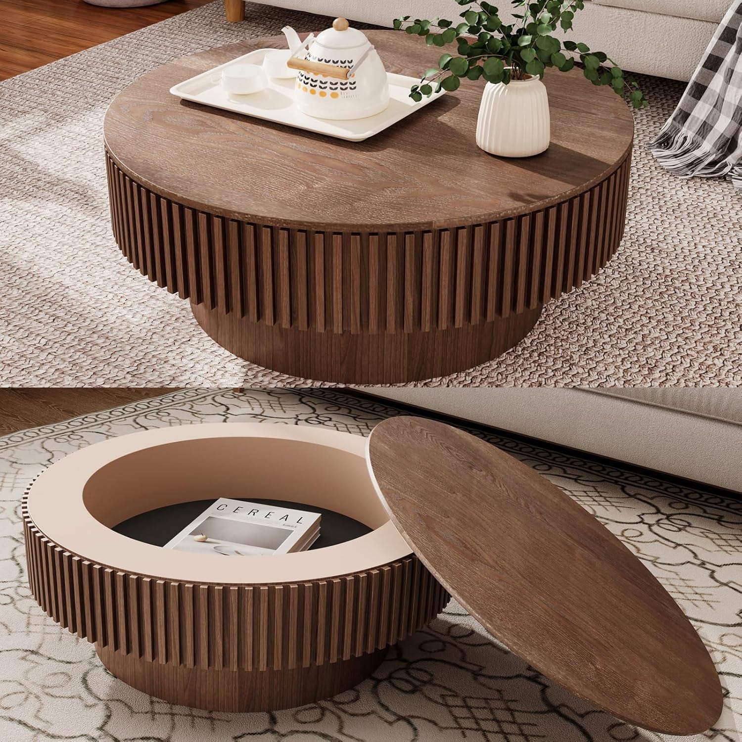 Wooden coffee table with a tray of tea set and a vase, surrounded by a sofa and rug.
