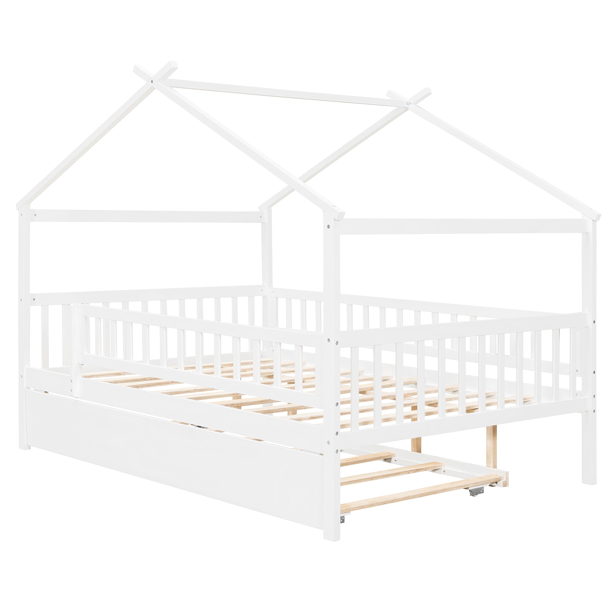 Full Size Wooden House Bed with Twin Size Trundle