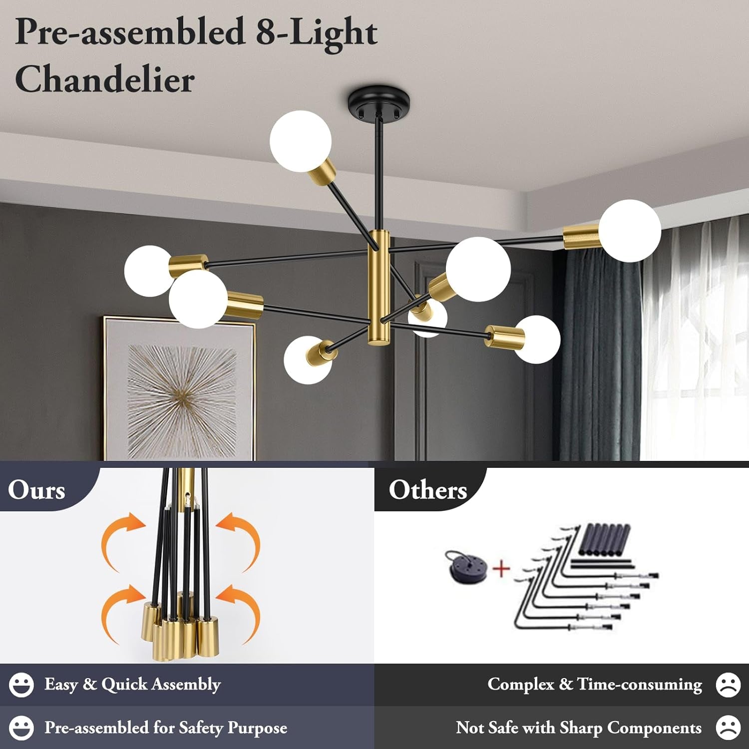 Pre-assembled 8-light chandelier with assembly comparison diagram