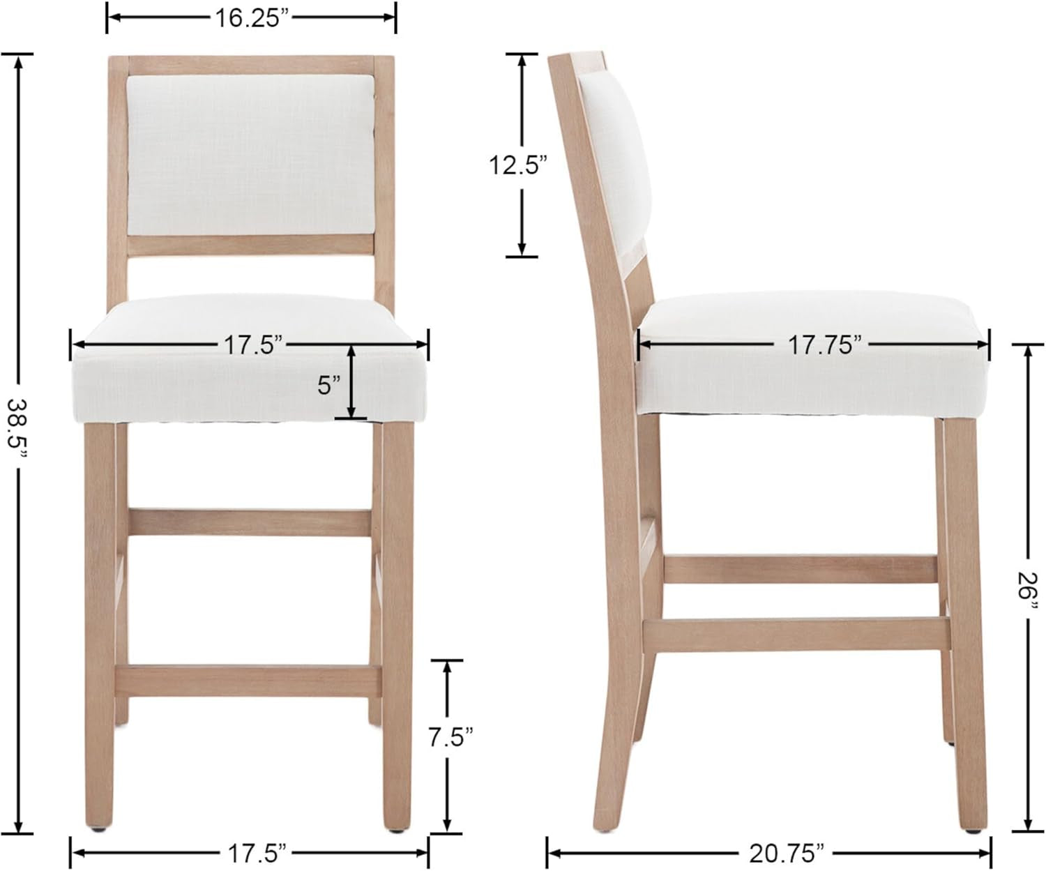 Bar stool with dimensions labeled on a white background