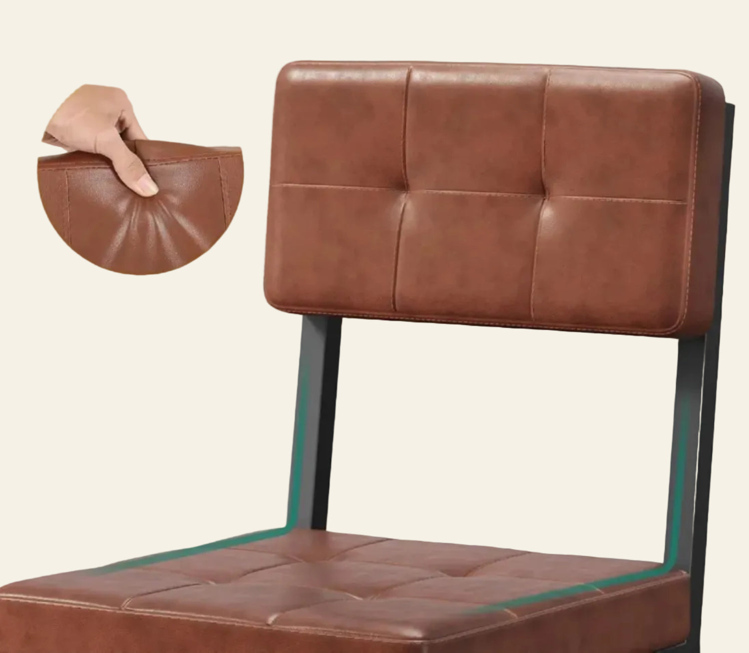 Brown leather chair with thickened backrest and ergonomic design feature.